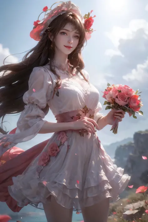 ((masterpiece, best quality)), 1girl, flower, solo, dress, holding, sky, cloud, hat, outdoors, bangs, bouquet, rose, expressionl...