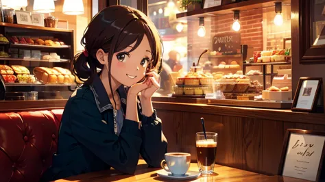 high resolution,high quality,high definition,woman eating macarons,coffee shop，happy look