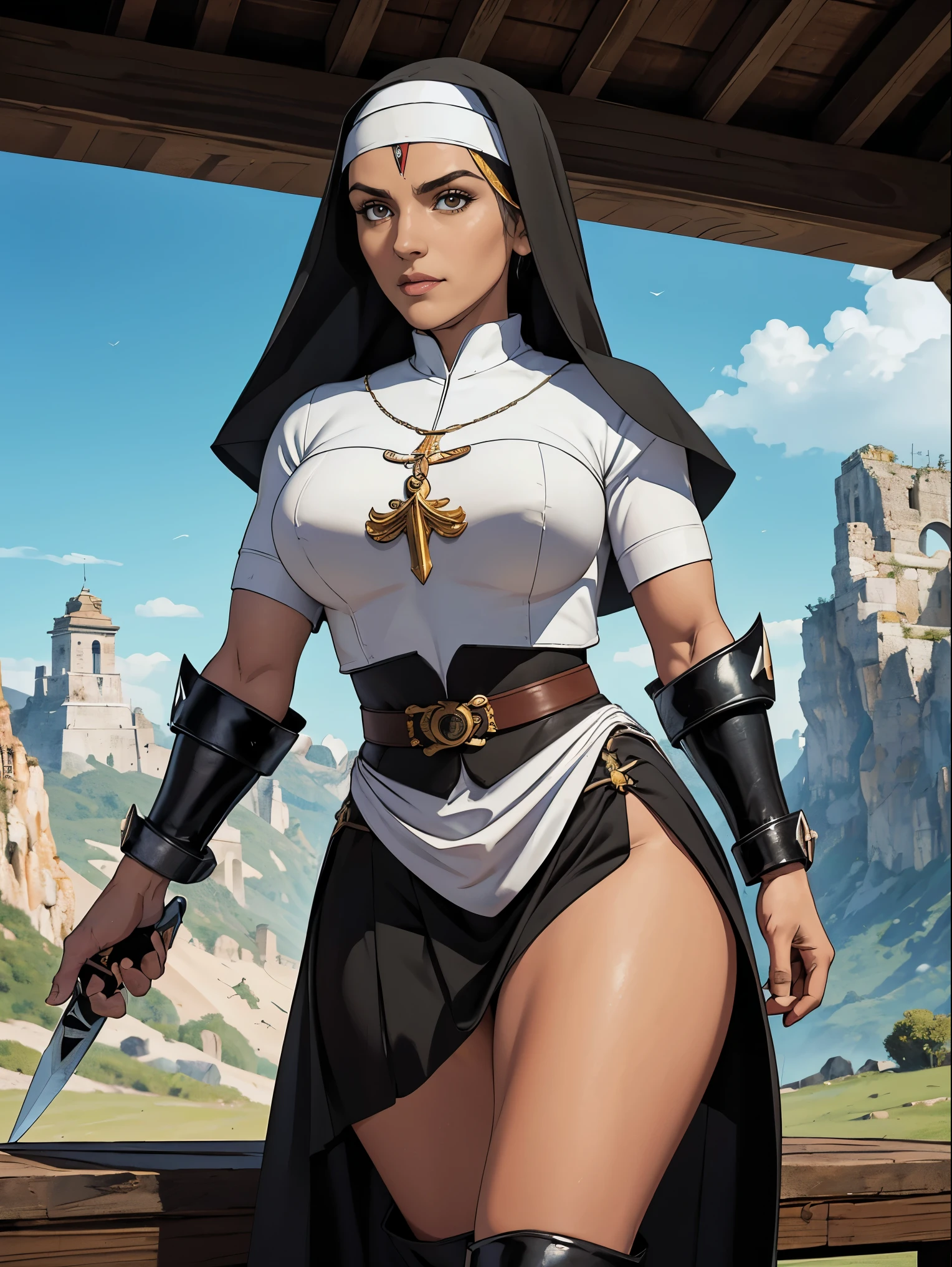(work of art, Maximum quality, best qualityer, offcial art, beautiful and aesthetic:1.2), (1 girl:1.3), ((sharp facial features, sharp features, Hawkish features)), ((blue colored eyes)), Busty brunette girl knight paladin, extremely detaild, portraite, gazing at viewer, standing alone, (whole body:0.6), detailed fund, full body shot shot, (warm mountain meadow theme:1.1), Holy knight, (nun), charlatan, pretentious smile, uncanny, Swinging in the mountains, armors, polished metal, gold trim, long boots, White tissue, pelvic curtain, mantea, light leather, ((((nun, longsword, heavy armors, armorsed, Legs long, pelvic curtain, toned, muscular)))), Waist slender, Slim Hips, Legs long, Mediovale (mountain exterior:1.1) fund, dark uncanny lighting, eyeshadows, magical atmosphere, Dutch angle