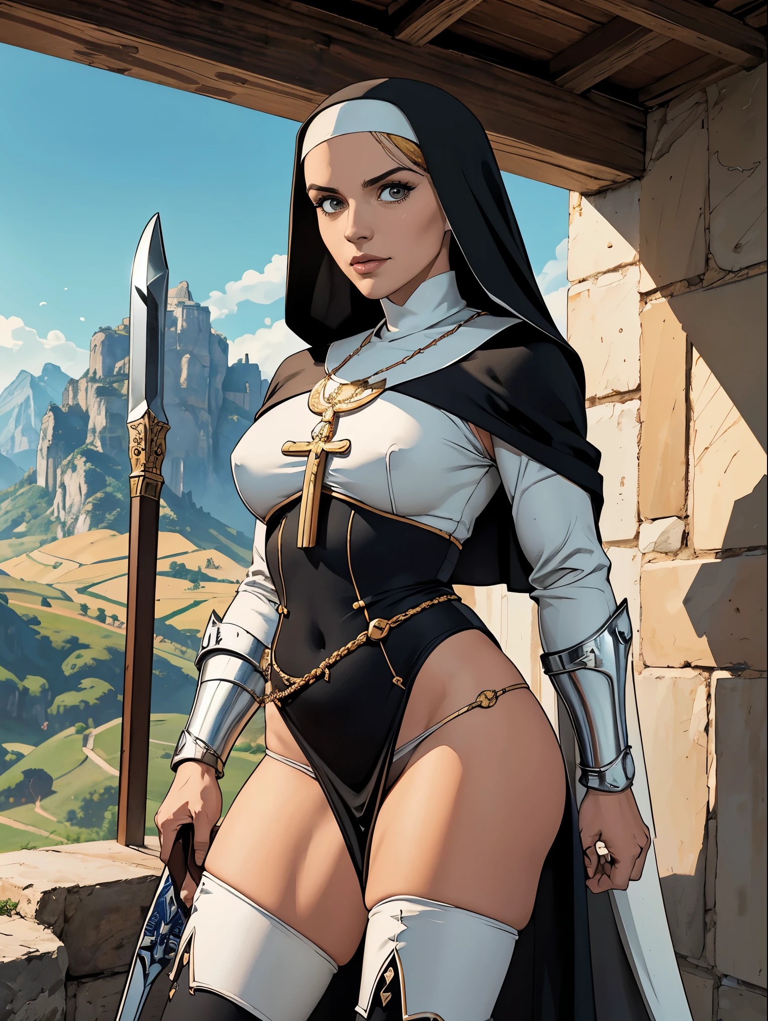 (work of art, Maximum quality, best qualityer, offcial art, beautiful and aesthetic:1.2), (1 girl:1.3), ((sharp facial features, sharp features, Hawkish features)), ((blue colored eyes)), Busty brunette girl knight paladin, extremely detaild, portraite, gazing at viewer, standing alone, (whole body:0.6), detailed fund, full body shot shot, (warm mountain meadow theme:1.1), Holy knight, (nun), charlatan, pretentious smile, uncanny, Swinging in the mountains, armors, polished metal, gold trim, long boots, White tissue, pelvic curtain, mantea, light leather, ((((nun, longsword, heavy armors, armorsed, Legs long, pelvic curtain, toned, muscular)))), Waist slender, Slim Hips, Legs long, Mediovale (mountain exterior:1.1) fund, dark uncanny lighting, eyeshadows, magical atmosphere, Dutch angle