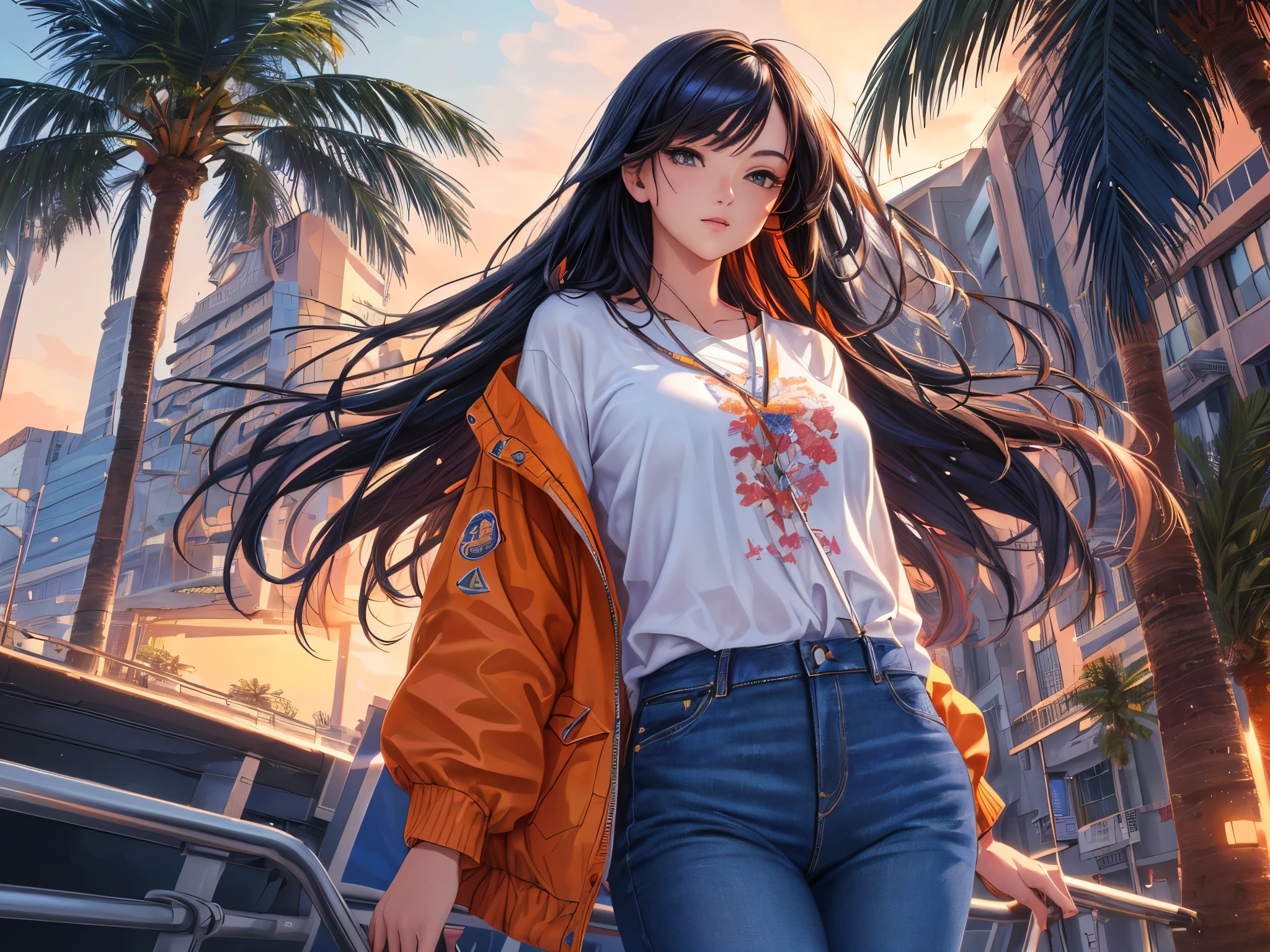 Orange and indigo keynotes, Vibrant colors, ((​masterpiece))), (((top-quality))), ((ultra-detailliert)), (A hyper-realistic), (highly detailed CGillustration), Official art, CD cover, urbane, City Pop, Palm trees, seaside, Long Black Hair, It will be Cool feeling, Mid summer, Stylish, glorious 1980s, Cool Beauty, cochetti gorgeous, matchless beauty, jaket, jeans, Female Solo, Perfect Angle, perfect-composition, Face close-up, 