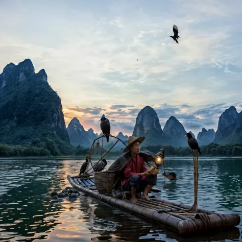 there is a man sitting on a raft with a bird on the back, cinematic. by leng jun, by Fei Danxu, fisherman, sitting in a small ba...