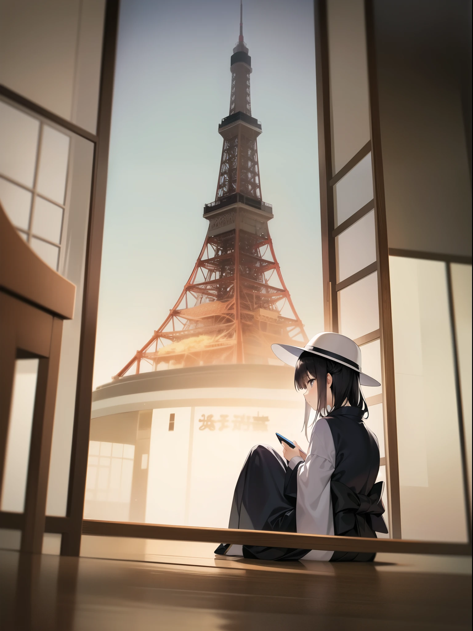 Illustration einer japanischen Frau, die vor dem Tokyo Tower sitzt。Die Frau trägt einen weißen Hut、in Schwarz gekleidet。Der Tokyo Tower sollte der prominenteste、Die Frau ist klein und im Vordergrund.。