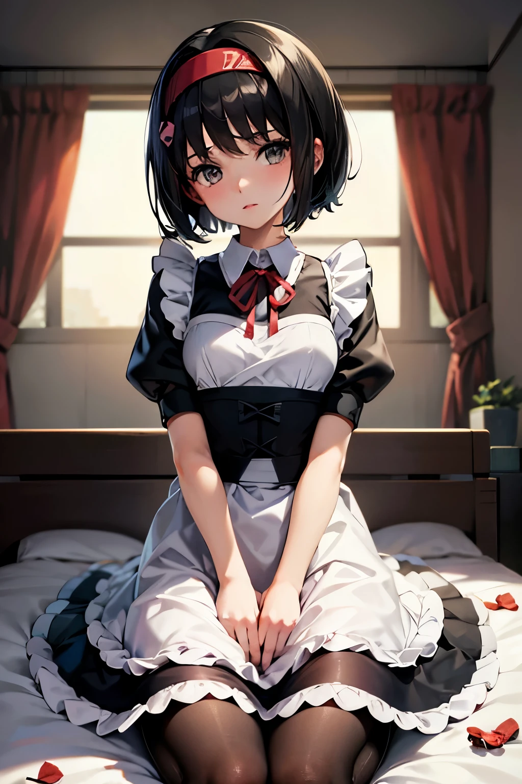 Erica、Pokémon、Black Hair、Short Hair、((pantyhose))、Photo from below、Medium chest、Bedroom、One girl、Headband、Red ribbon on head、((Maid clotheini skirt)、(Poop sitting)