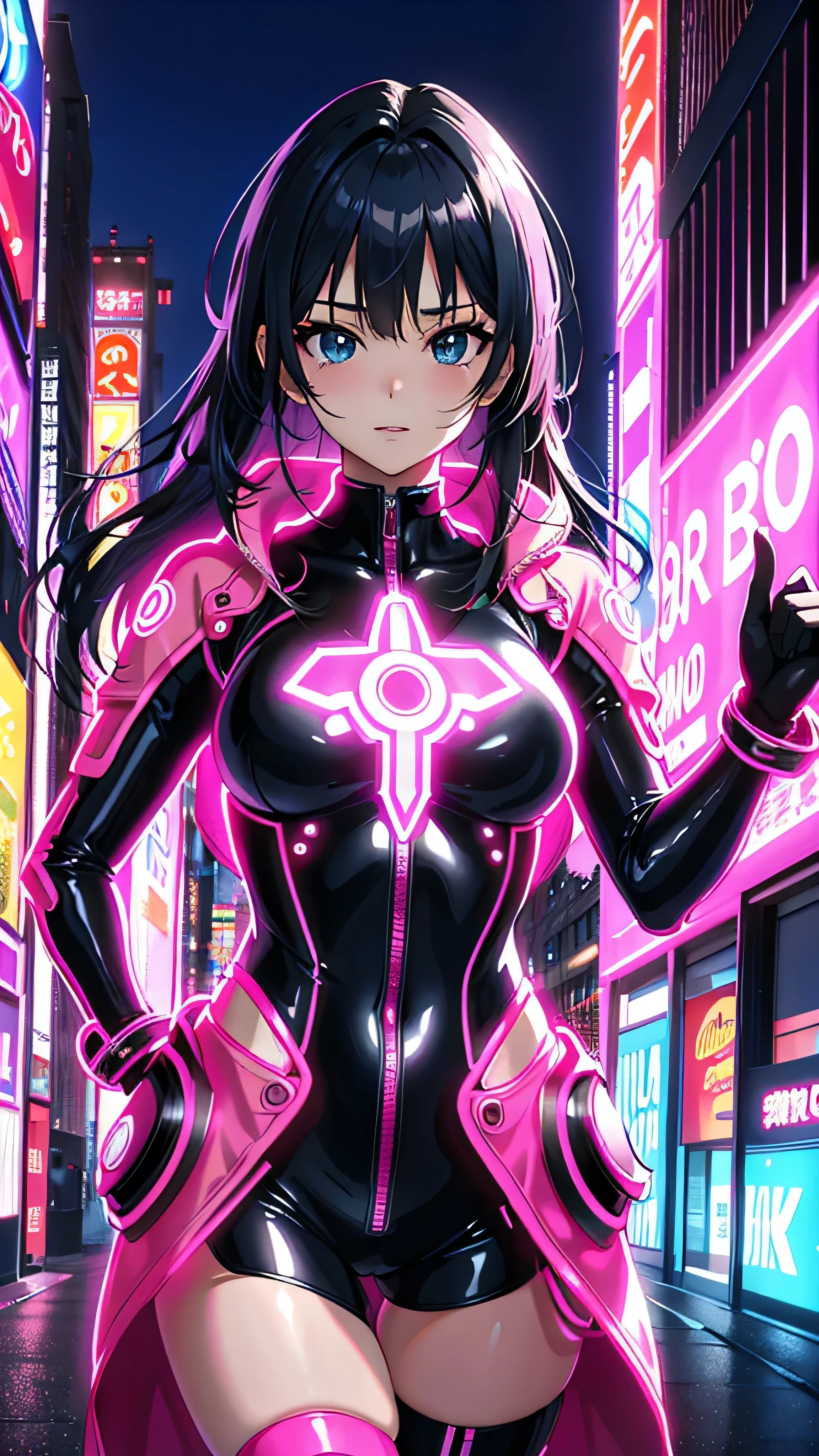 (highest quality、4K、8K、High resolution、masterpiece:1.2)、Super detailed、(anime style、photorealistic:1.37)、girl in neon clothes、neon light、Bright colors、Shining atmosphere、futuristic fashion、shiny fabric、neon sign、Bustling city streets、confident pose、vibrant energy、nightlife sensation、 dynamic movement、creative patterns、Intense saturation、edgy style、kaleidoscope reflection、Fashion Forward、fluorescent light