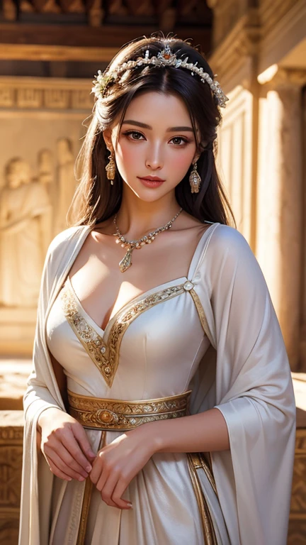 photorealistic mixed oil painting of charming goddess robe dressed in traditional Ancient Greek  clothing in the ancient palace. The setting should be grand and richly decorated., medium  body shot , cinematic light ,fantastic