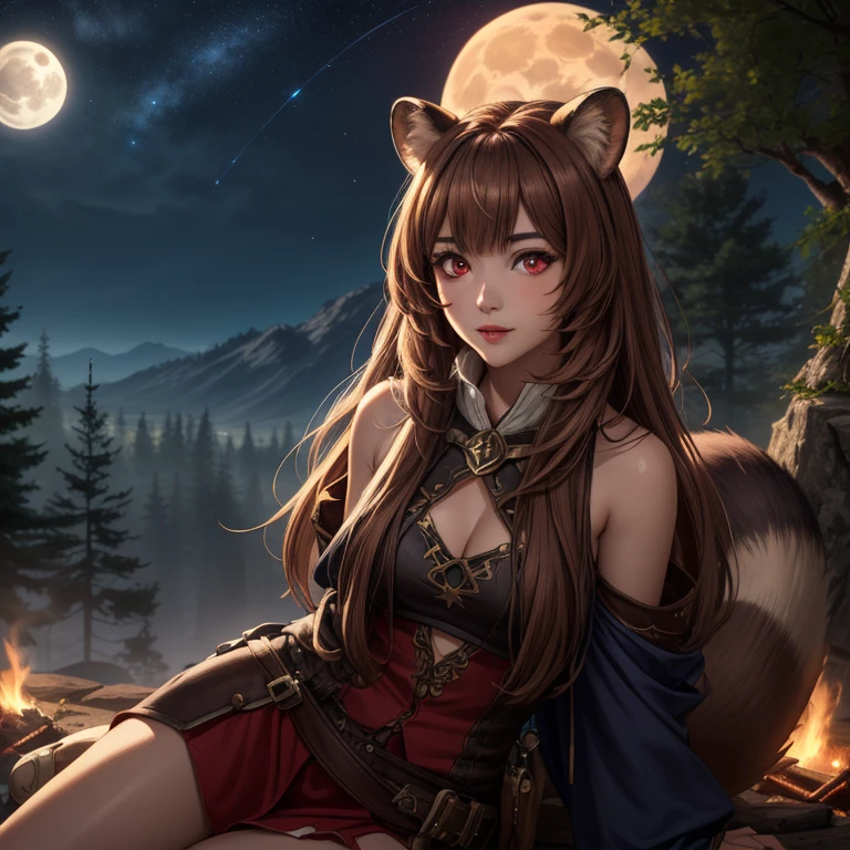 Masterpiece, best quality, 8K Wallpaper, HDR, octane rendering. Raphtalia, 18 year old girl, fair skin, wearing (adventurer outfit, fantasy style), forest, sitting, thighs, resting by the bonfire, mystical night sky, bright stars, full moon, beautiful detailed scenery. The girl has (Brown hair, hair color: 1.2), (Raccoon ears), (Beautiful and detailed face with perfect symmetry), (Beautiful and detailed red eyes: 1.3), (soft lips, slender smile), (tail raccoon), (body with perfect anatomy, perfect natural texture, high details, shiny skin), cinematic lighting, vivid colors, extremely detailed illustration, depth of field