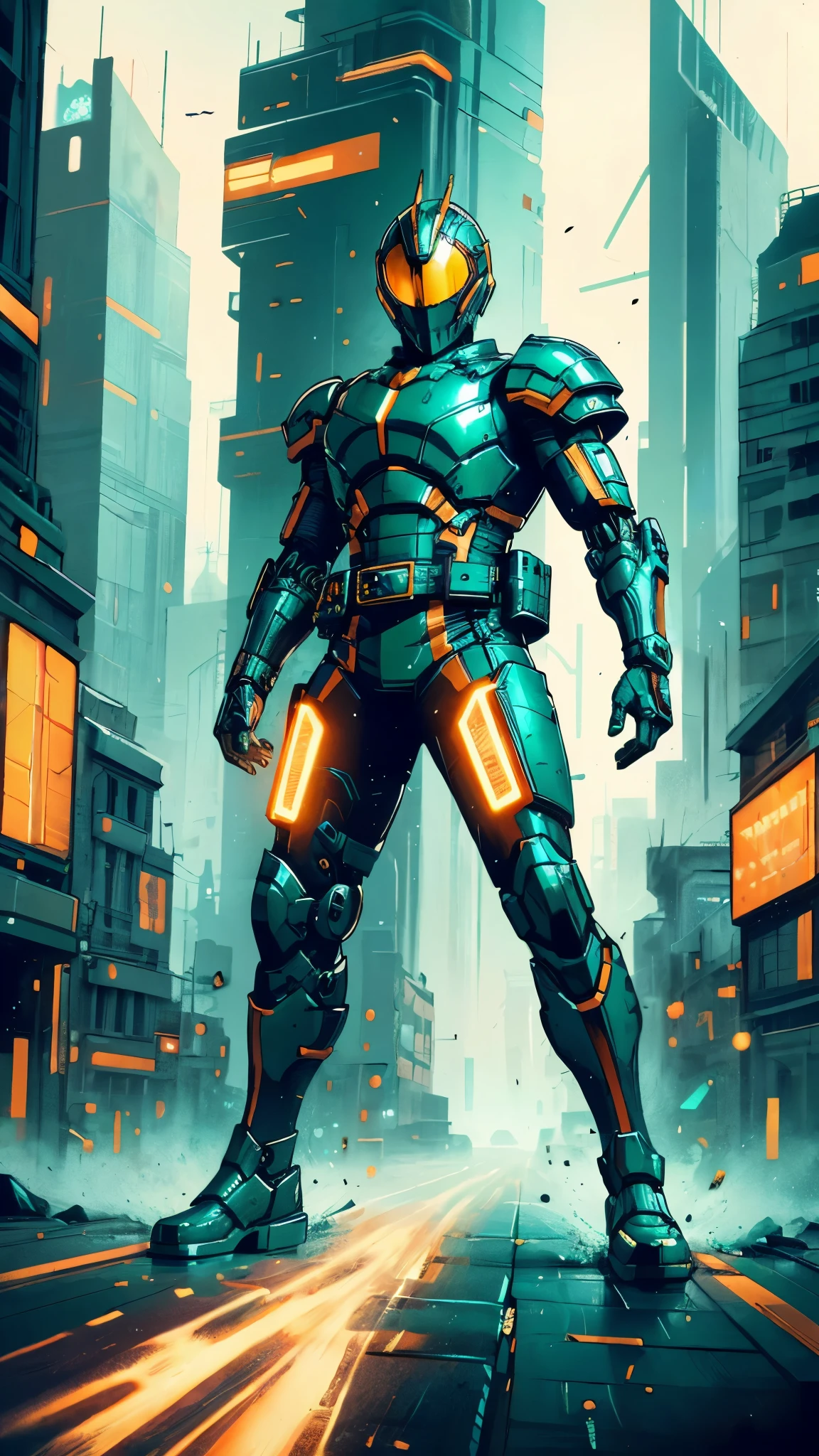 A man wearing a full-face helmet, a fantasy-style biotech armored combat suit, green eyes, (a composite layered chest armor), fully enclosed shoulder guards, matching arm and leg guards, the belt is adorned with exhaust pipes, (the color scheme is primarily black glow with green and red accents), the design balances heavy with agility, a high-tech bio-mecha armor, (Armor Concept Inspired by Cyberpunk motorcycle, stand on the top of a skyscraper in a futuristic sci-fi city), this character embodies a finely crafted fantasy-surreal style armored hero in anime style, exquisite and mature manga art style, (battle damage, element, plasma, energy, the armor glows), ((male:1.5)), metallic, real texture material, dramatic, high definition, best quality, highres, ultra-detailed, ultra-fine painting, extremely delicate, professional, perfect body proportions, golden ratio, anatomically correct, symmetrical face, extremely detailed eyes and face, high quality eyes, creativity, RAW photo, UHD, 32k, Natural light, cinematic lighting, masterpiece-anatomy-perfect, masterpiece:1.5