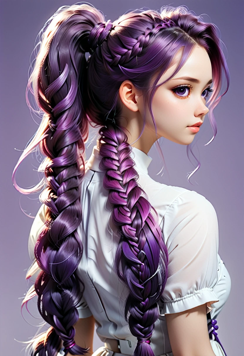 Couple Photo, anime realism, Purple white gradient double braid long ponytail, personality, (masterpiece, best quality, Professional, perfect composition, very aesthetic, absurdres, ultra-detailed, intricate details:1.3)