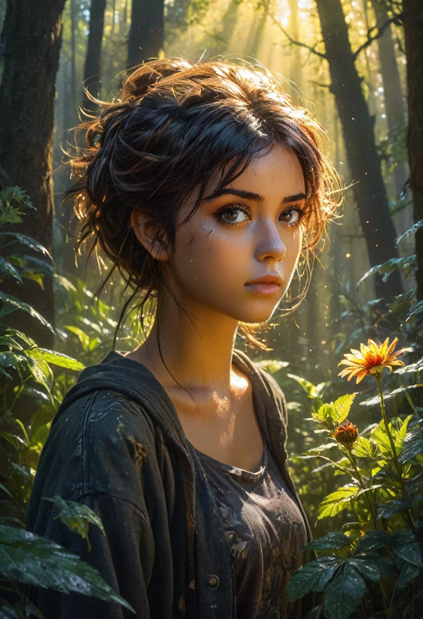 full length view, girl, tanned skin, dystopian, anime style, tousled hair, black hair, amber eyes, rough, messy, big eyes, reflective eyes, perfect eyes, gritty realism, dirt, dark, lwash, glowing eyes, divine rays, forest, leaves, aerial, sunlight, sunny day, anime style, intricately detailed, vibrant colors, fantasy, concept art, digital art, intricate, oil on canvas, masterpiece, expert, insanely detailed, 4k resolution, sun rays , fairy tale illustration, fantasy, concept art, digital art, colorful, flowers, splash, sparkling, cute and charming, filigree


