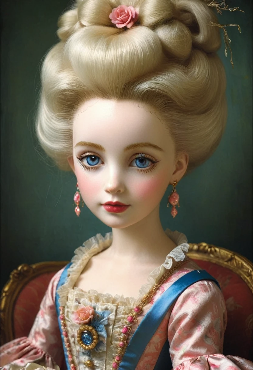 Cuteness overload. Insanely detailed portrait Marie Antoinette. Fairytale, sharp eyes, Jasper Johns, Margaret Keane, Ray Caesar, Craig Davison, Mark Ryden, Fragonard. Cinematic lighting, beautiful, rich deep colors, masterpiece. Hires 32k best quality.
