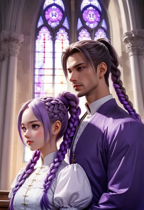 couple photo, anime realism, church, purple white gradient double braid long ponytail, personality, man and woman, (masterpiece,...