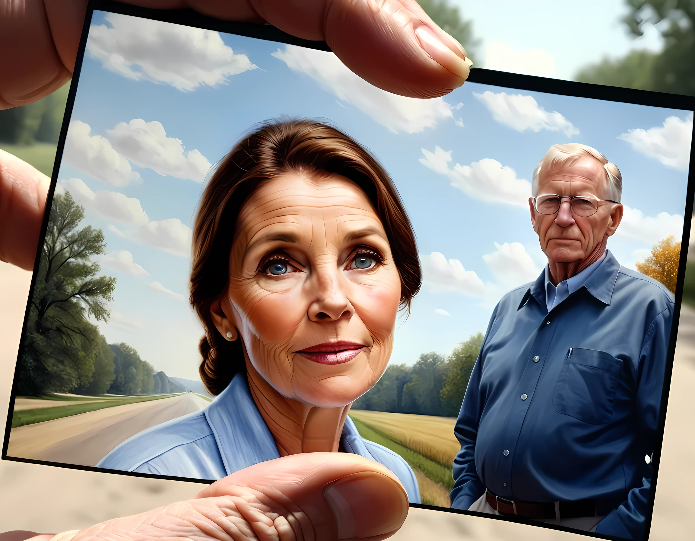 an old man looking at the picture of his old wife, dynamic range, ultra wide shot, photorealism, depth of field, hyper realistic,