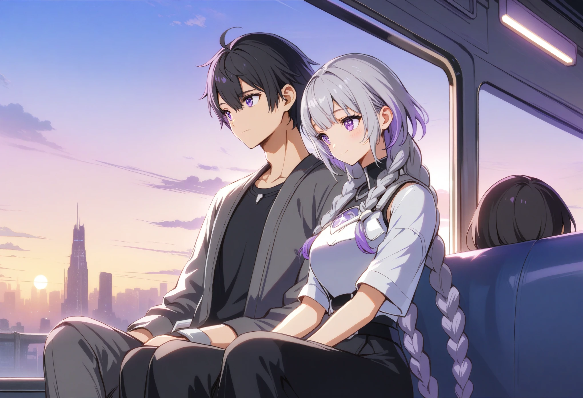 from back, a couple sitting on the Moon's rough surface, look at each other, 1girl and 1male, smile,yinji,1girl,(twin braids),purple_hair,purple_eyes,very_long_hair,grey_hair,braided_ponytail,gradient_hair,BREAK 1male,( black hair,short hair), shirt,(Red pupils), huge Earth in the distance.  a dark, starry space background with the glowing Earth. The Moon's surface is rocky and textured. Soft lighting from Earth and ambient space casts gentle shadows. The style blends realism and anime with detailed character designs and realistic environmental elements. Masterpiece, highly detailed, intricate textures, soft lighting, realistic environment, anime style, futuristic clothing, serene mood