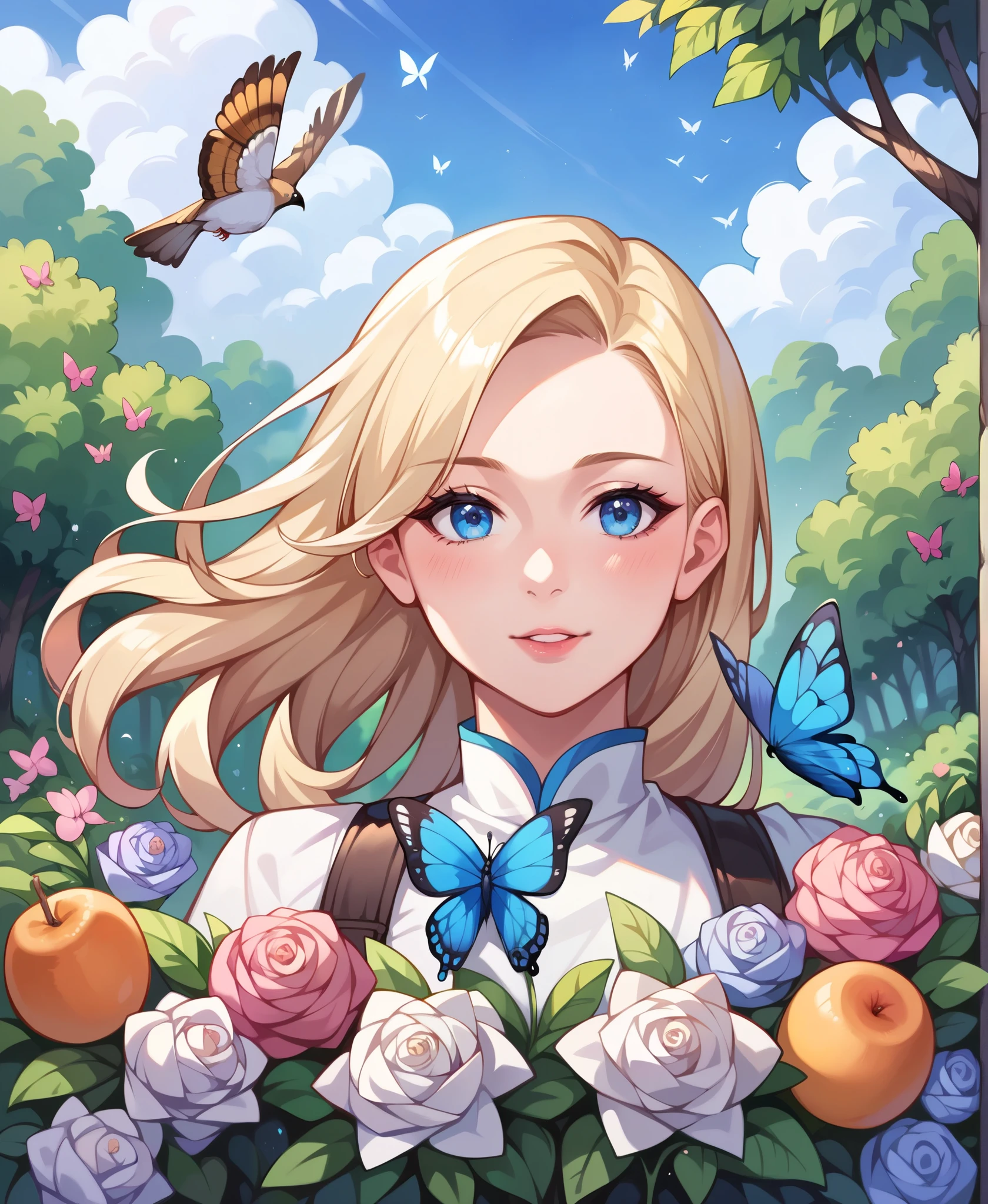 score_9, score_8_up, score_7_up, score_6_up, source_anime, BREAK, portrait, 1girl, solo, blonde hair, blue eyes, masterpiece, best quality, ultra-detailed, floating, beautiful detailed eyes, detailed light, fruits, flowers, colorful, garden, colorful background, forest, bird, butterfly