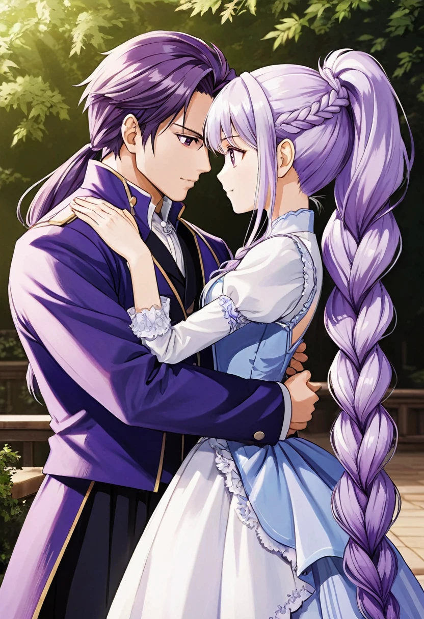 Couple Photo, anime realism, love story, Purple white gradient double braid long ponytail, chinese boy, personality, (masterpiece, best quality, Professional, perfect composition, very aesthetic, absurdres, ultra-detailed, intricate details:1.3)