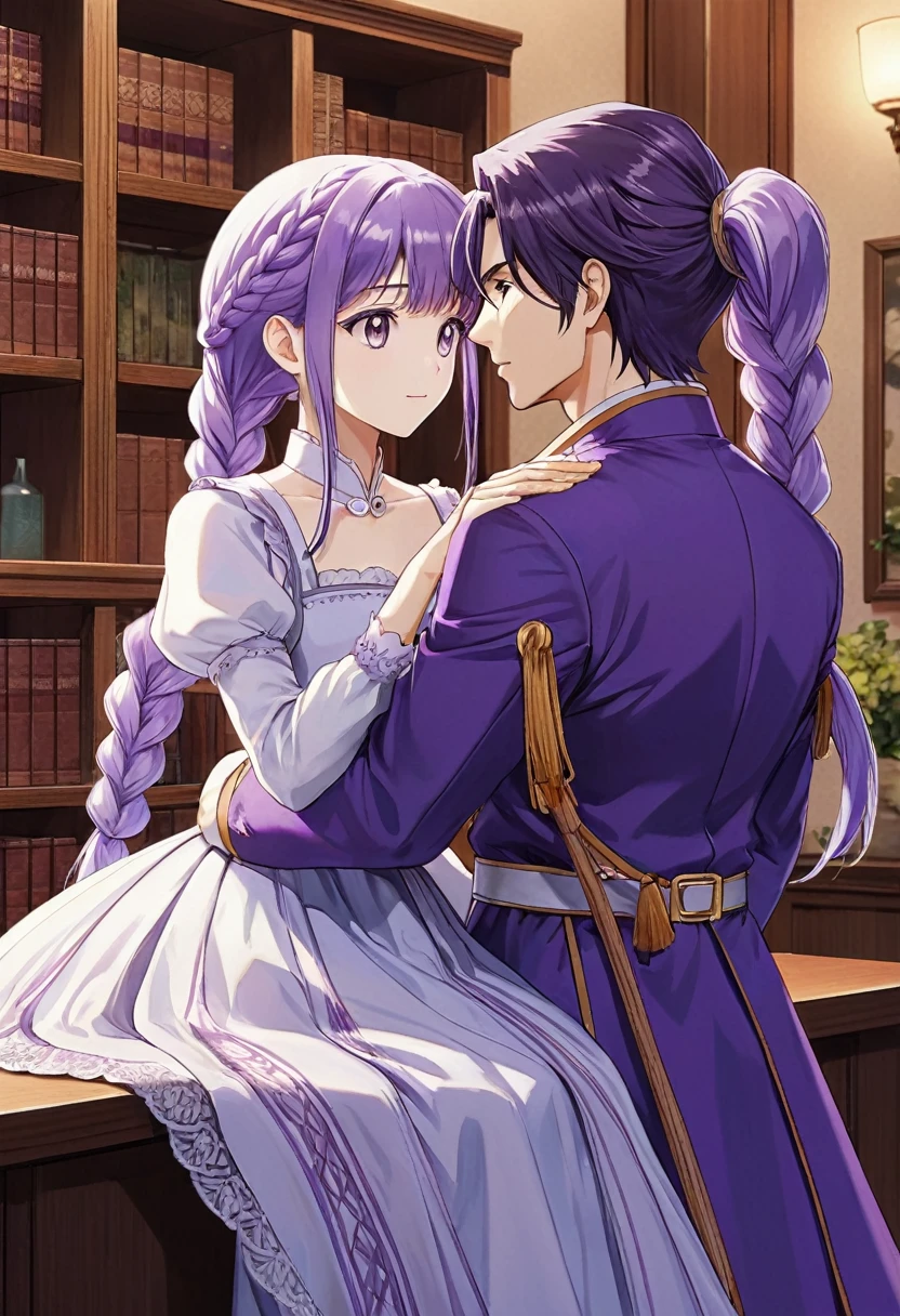 Couple Photo, anime realism, love story, Purple white gradient double braid long ponytail, chinese boy, personality, (masterpiece, best quality, Professional, perfect composition, very aesthetic, absurdres, ultra-detailed, intricate details:1.3)