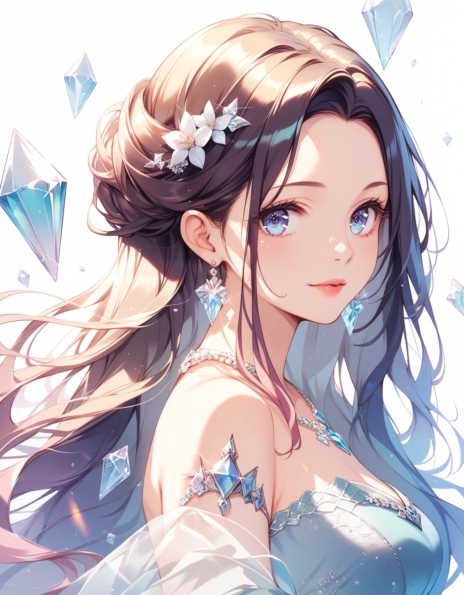 score_9,score_8_up,score_7_up, young, (absurdly, high quality, ultra detailed), (detailed hand), 1girl, Alone, mature, very long hair, Beautiful crystal eyes (detailed eye) , elegant, colorful , higher detailed, upper body,, 