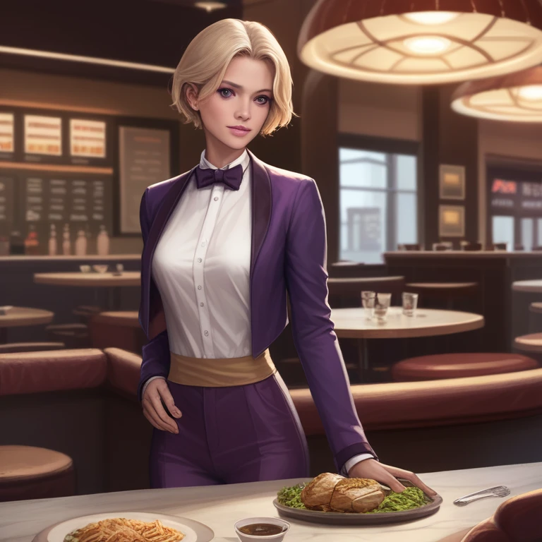 Realistic, score_9, score_8_superior, score_7_superior, score_6_superior, score_5_superior, score_4_superior, One girl, Coffking, Short blonde, Big Breasts, bow tie, Purple Jacket, Purple Pants, Leaning on the counter,
, indoor, restaurant