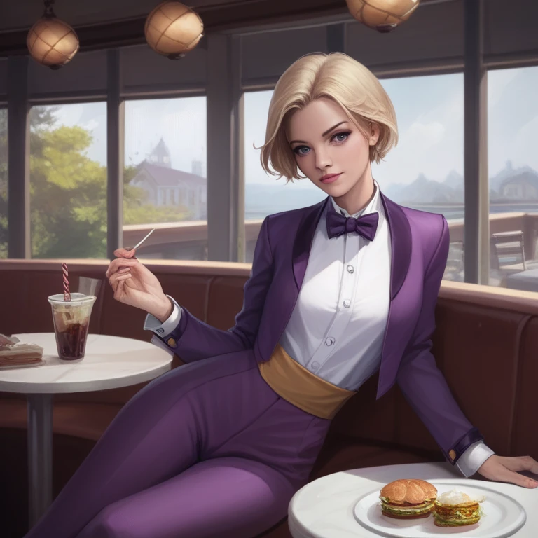 Realistic, score_9, score_8_superior, score_7_superior, score_6_superior, score_5_superior, score_4_superior, One girl, Coffking, Short blonde, Big Breasts, bow tie, Purple Jacket, Purple Pants, Leaning on the counter,
, indoor, restaurant