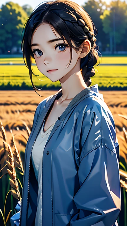 one woman、cute face、Also々new expression、Japanese、charming eyes、cream hair、french braid、、gray eyes、camisole dress、blue jacket、outdoors、Also, a neat appearance、wheat field