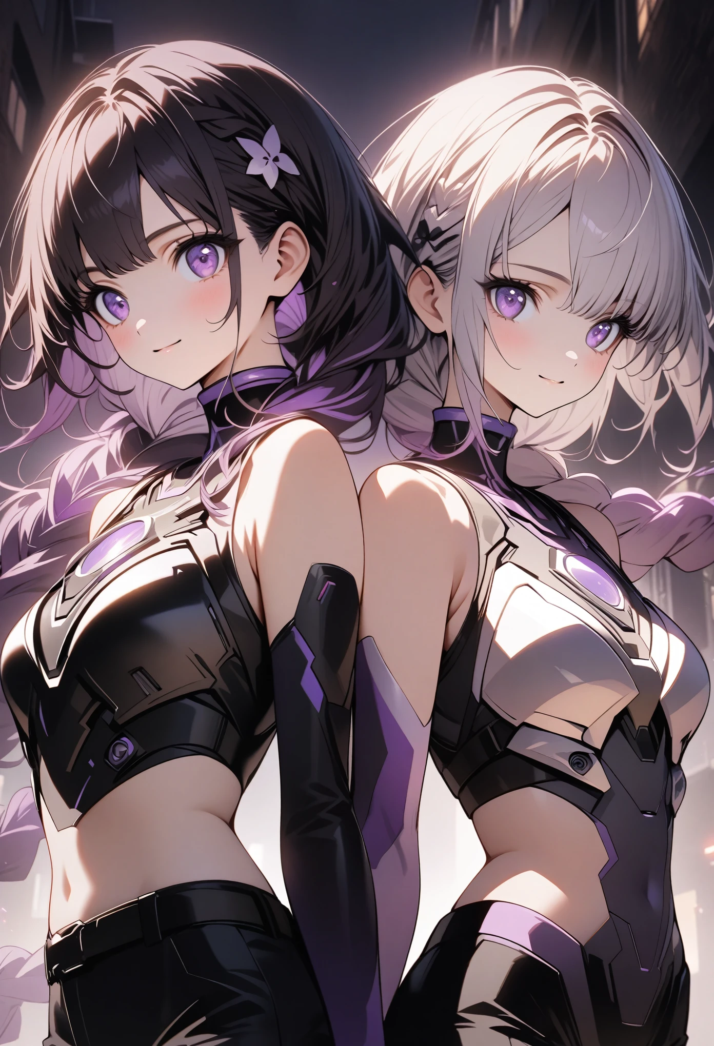 (highest quality, Very detailed, anime style, anime, High Contrast, masterpiece, highest quality, Best aesthetics), Two Girls, Two girls back to back, Random Pause, (Girl on the right, short hair, White top, Black Breastplate,smile), (The Girl on the Left, Cyber Suit, Separated sleeves, Bare shoulders, Black top, Silver breastplate, Energy disk on chest, Black Mini Skirt, Belt connecting left and right sleeves, Cyber Suit in black with purple accents, ((White and purple gradient hair:1.4, Braided long hair, black and white hair accessories, Dark purple bangs, Asymmetrical bangs)), Purple Eyes, Double eyelids, Detailed face, Loose braid, Indifference, kind), Dark Color Palette, Dark Alley, night, Near future city, Lens flare, Perfect Anatomy.