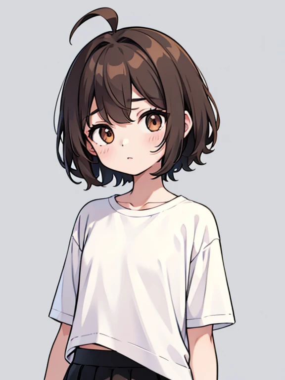 1 Girl, One, Brown eyes, (Detailed eyes), flat chest, short hair, shaggy brown hair, ahoge, ((White T-shirt)), plain t-shirt, black skirt, black socks, standing, Upper body, (White background), transparent background, looking down, ((masterpiece, illustration, Best quality)) 