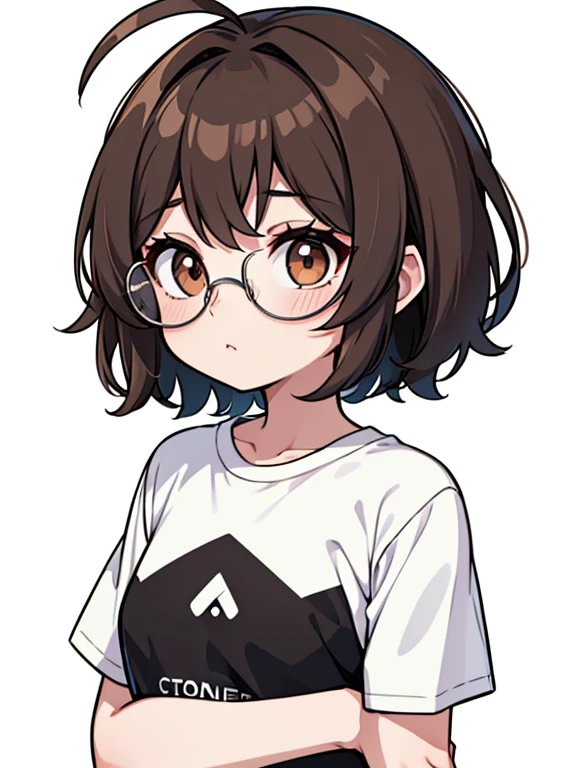 1 Girl, One, Brown eyes, glasses with lenses, (Detailed eyes), плоская грудь с крупными standingчими сосками, short hair, shaggy brown hair, ahoge, ((White T-shirt)), plain t-shirt, black skirt, black socks, standing, Upper body, (White background), transparent background, looking down, ((masterpiece, illustration, Best quality)) 