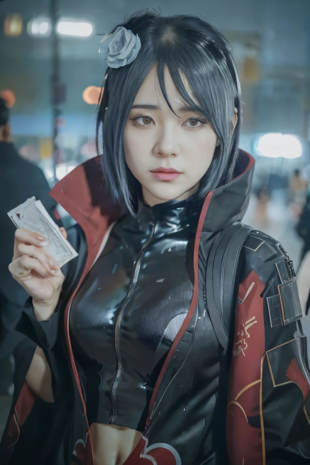 Top quality, 8k, 32k, Masterpiece, close up of a woman in black and red clothes, future anime girl, inspired by Li Shida, cyberpunk anime girl woman, cyberpunk anime girl, female anime character, anime style character, modern cyberpunk anime, cyberpunk anime art, action anime girl woman, detailed anime character art, epic anime style, realistic anime art style, female anime heroine portrait, professional makeup, very big breasted woman, (seductive pose), Sexy, beautiful white face shining, beautiful face, pink cheeks, beautiful lips, porcelain skin, detail intricate, super detailed, super high, highest detailed, high detailed, delicate, incredible detailed, fine detailed, cinematic lighting, top quality, masterpiece, smooth and beautiful, CG , unity, 8k wallpaper, Stunning, fine detail, unity CG wallpaper 8k ultra detailed, large file size, ultra detailed, high resolution, incredible detail, stunning detail, depth of field, oil painting effect in Rembrandt art style, concept portrait art in Stanley Artgerm Lau style, WLOP, trending on Artstation, epic, trend in society, detailed digital painting, very high quality model.