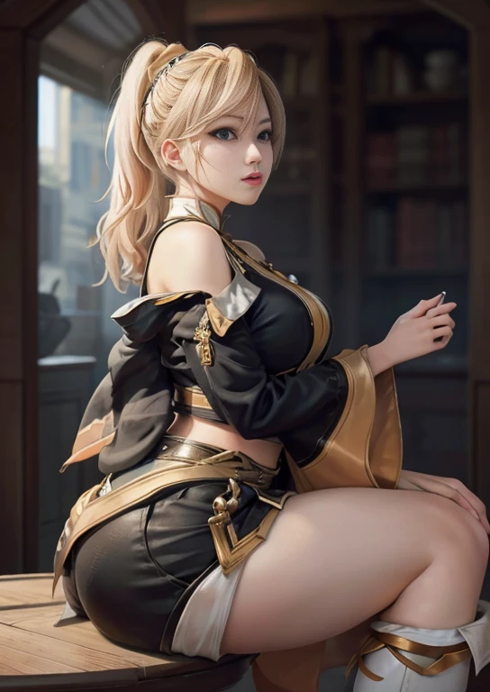 best quality, realism, real, photo: 1.4), Ji Xiaoman, Blond, blue eyes, big breasts, large breasts, thick legs, thighs, sitting, side view, medium size butt, black short to her thighs, real, photo"