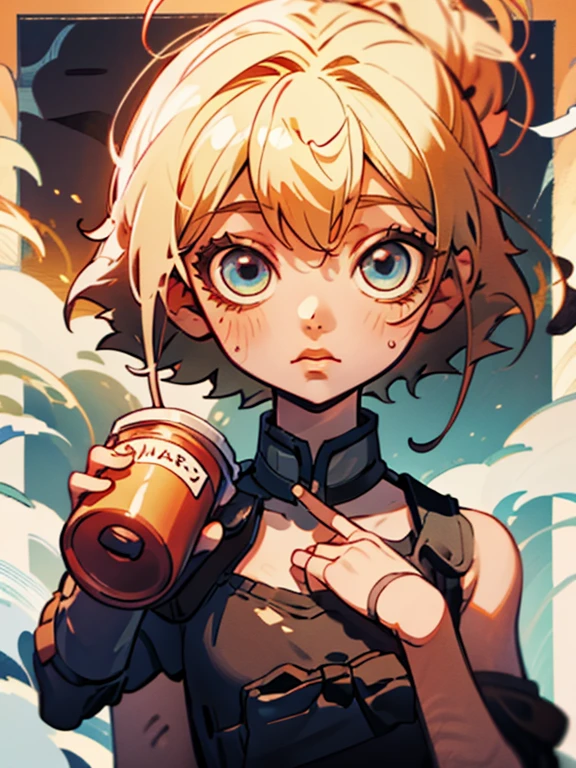 There is a 2 girl holding a cup of coffee in her hand, Nice face girl, Cute natural anime face, He has a nice face - soft -, Sakimi-chan, Chiho, Yoshitomo Nara, Cute young face, Face of a beautiful Japanese girl, Blond hair and big eyes, Cute kawaii girl, Beautiful big, light eyes