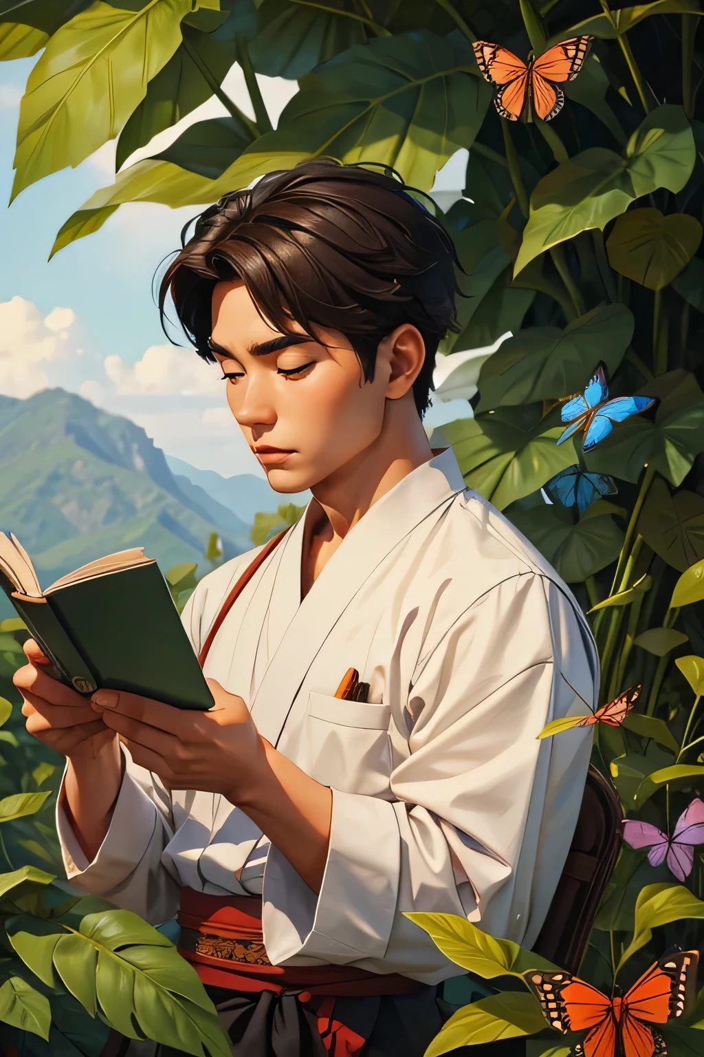 Asian man studying insects 