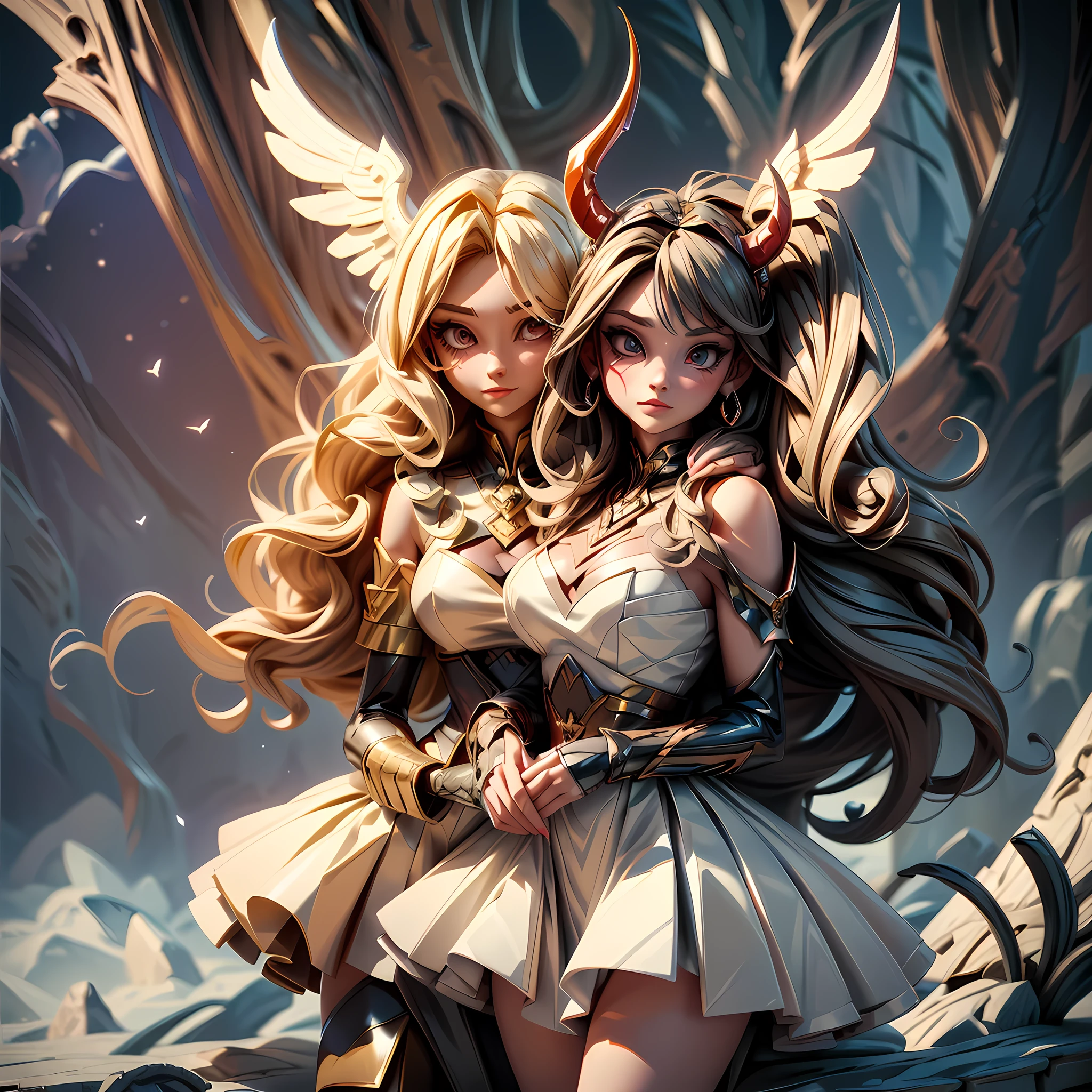 ((a picture of 2 women 1angel and 1demon), (highest quality, masterpiece, High resolution), 16K, fantasy art, RPG art BREAK a (1female angel: 1.3) , wearing dress, pale skin, best details beautiful face , (blond: 1.2) hair, long hair wavy hair (blue: 1.1) eyes, high heeled boots, wearing a dress, large angelic wings, (white: 1.2) angelic wings spread BREAK ((AND)) a (1female demon: 1.3), (red: 1.2) skin, demonic wings, (black: 1.1) demonic wings spread, demonic horns, (red: 1.1) skin, black hair, red eyes, best details beautiful face, wearing a dress, high heels, in the border between heaven and hell, moon, stars, clouds, god rays, soft natural light silhouette, dynamic angle, photorealism, panoramic view (Masterpiece 1.3, intense details) , Wide-Angle, Ultra-Wide