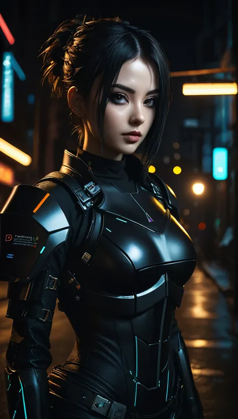 ((female cyberpunk girl standing in street)), ((cowboy shot)), (nsfw), best image quality, nighttime, (((beautiful cyberpunk wom...