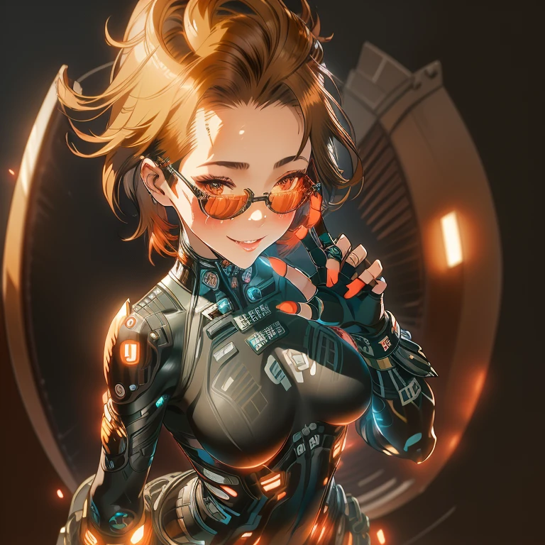 fille animée, cyberpunk_le maillot de corps, impact genshin, seulement, seins, cheveux bruns, yeux marrons, sourire, large seins, fond simple