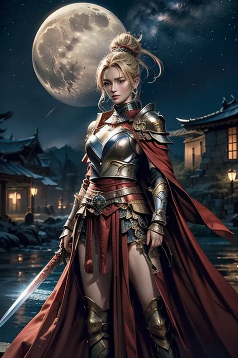 A female warrior wearing metallic red and gold armor and a blue cloak、Sengoku Warlords、battlefield、In combat、Blonde updo、Three r...