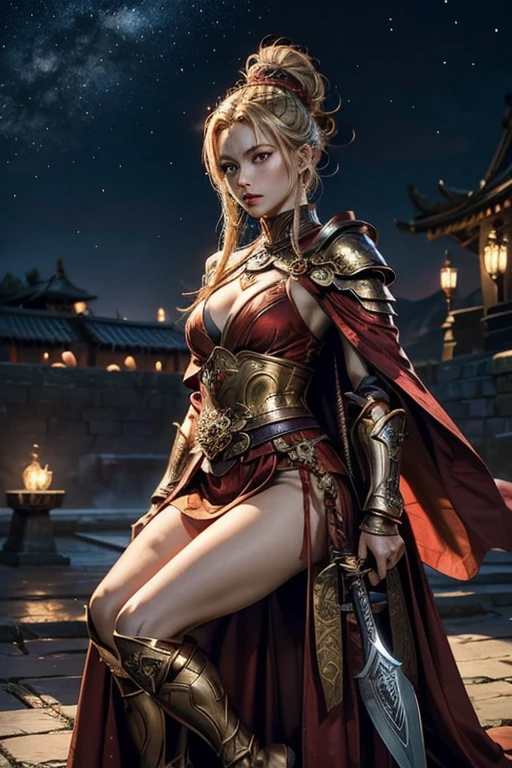 A female warrior wearing metallic red and gold armor and a blue cloak、Sengoku Warlords、battlefield、In combat、Blonde updo、Three red dots on the forehead、(Holds two long swords)、Two sheaths on the waist、Confident face、Looking from above、very beautiful、A beautiful woman、Highly detailed costume、8K,highest quality, masterpiece、Ultra-high resolution、Portrait, Official Art、1 girl、Beautiful woman with perfect body、Full body image, Glowing Skin、(Glossy lips、Highly detailed face and skin texture、Detailed Eyes、double eyelid)、Sharp long legs、City wall in background、night、Starry Sky、full moon