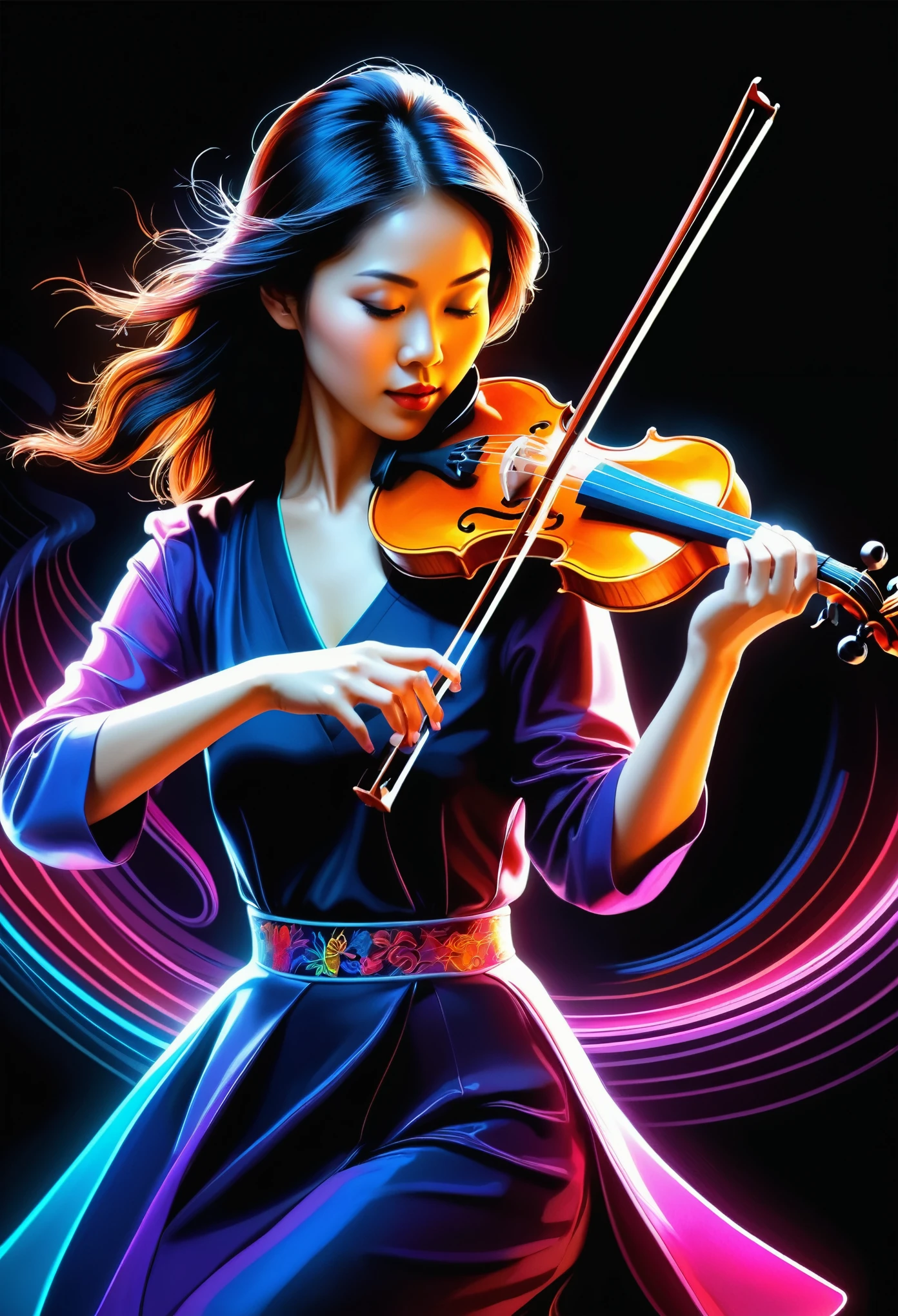 Neon illustration of an Asian woman playing the violin, detailed black background, colorful, beautiful, elegant, highly detailed, high quality, in the style of clipart. 
﻿