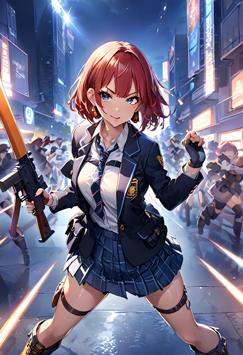 masterpiece、highest quality、Ultra-high resolution、Maximum resolution、Very detailed、Professional Lighting、anime、woman、thin、so beautiful、high school girl、blazer、Has a submachine gun、Mischievous、Red hair、Short Hair、Earrings、Fingerless Gloves、Beautiful eyes、Gloss Lip、Tactical Boots、Equipped with transparent orange shooting glasses、Equipped with a chest rig、Aggressive pose、