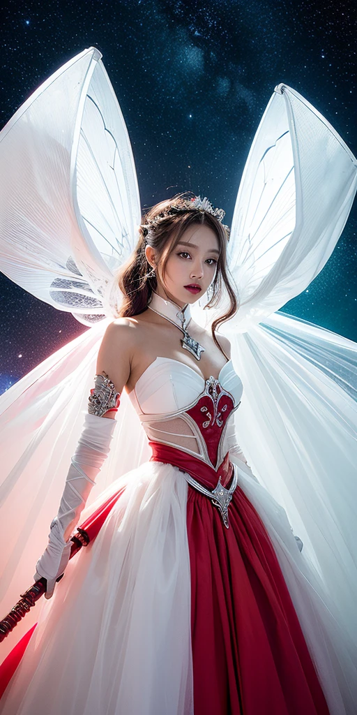 ((In front a background of transparent cuboids floating in space)) canopy of mix of white and red clouds. A female character stands floating in the air. Long Grey silver mix floating luminous hair. crystal white tiara on her head. Wearing a red and black mix gown. armour of white,and red mix cross her chest
 Also matching shoulder guards and arms. The Character holds a long black staff with a Red Bettle Attached to the Staff. White etheral wings ar attached to the  red Beetle. glowing etheral  Light illuminates the character