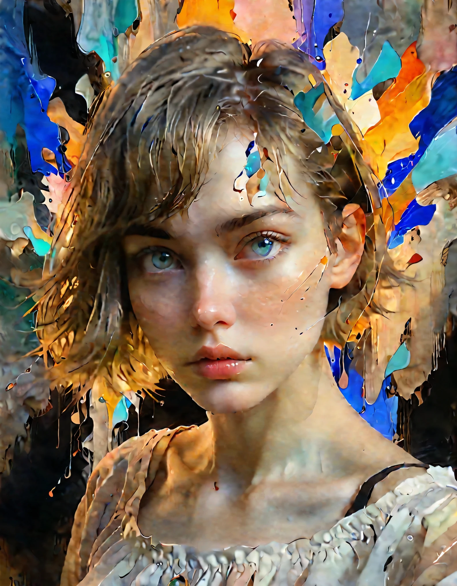 (best quality,highres,masterpiece:1.2),1female,20-year-old,detailed face,surrealism,short hair,expressive eyes,dreamlike atmosphere,vibrant colors,abstract background,value contrast,soft lighting,ethereal,emotionally charged,imagination,thought-provoking,narrative,metaphorical,otherworldly,blend of reality and fantasy,subtle symbolism,unexpected elements,unique composition,historical references,meticulous brushwork,imaginative vision,visual poetry,subconscious exploration,emotional depth,psychological exploration,unconventional perspective,unforgettable impact