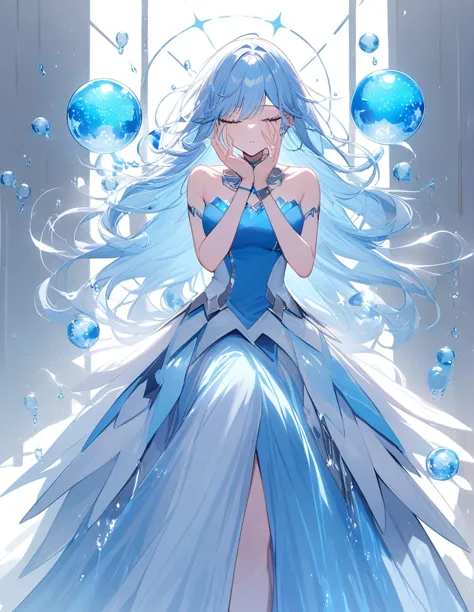 ((On front a white coloured Tiled Wall)) inside a large Water CAPSULE with water falling down and up around her is a Beautiful g...