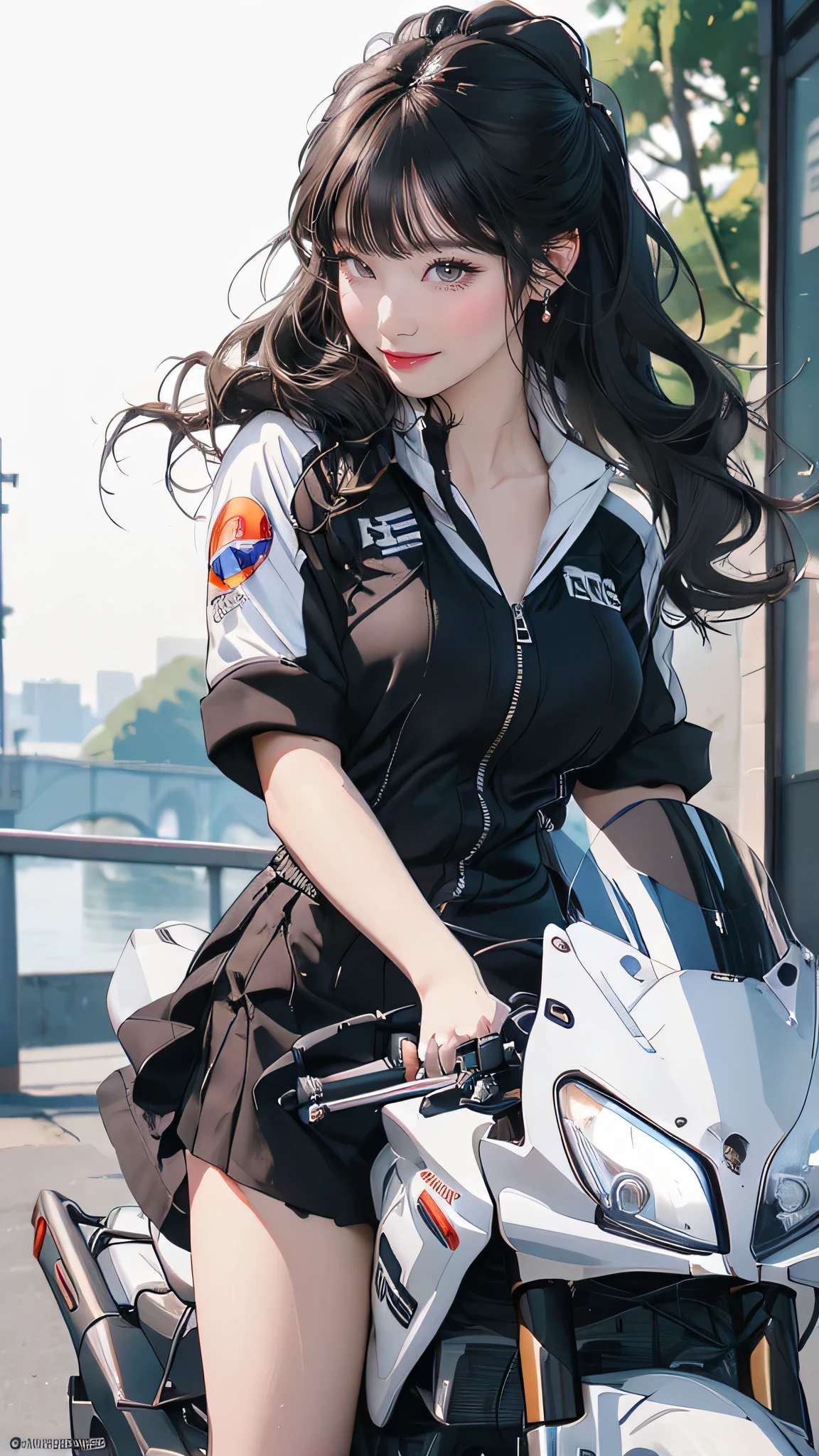 女子高生,(バイクに乗る女の子:1.2),(ランダムなヘアスタイル),(最高の画質,(8K), 超リアル, 最高品質, 高品質, 高解像度, 高品質の質感, 細部までこだわった, 美しいディテール, 細かい詳細, 非常に詳細なCG, 詳細なテクスチャ, リアルな顔の表現, 傑作, 面前)