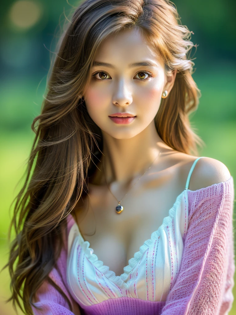 1girl, beautiful russian woman, light brown hair, clear skin, narrow waist, wearing loose light knitwear, masterpiece SLR photo, attention to detail, perfect proportions, soft-looking bust with cleavage, (best quality, 4k, 8k, highres, masterpiece:1.2), ultra-detailed, (realistic, photorealistic, photo-realistic:1.37), portraits, night scene, cinematic lighting, (intricate details:1.2), (vivid colors:1.2), (natural skin texture:1.1), (elegant pose:1.1), (serene expression:1.1), (soft focus background:1.1), (rough long hairstyle:1.2)