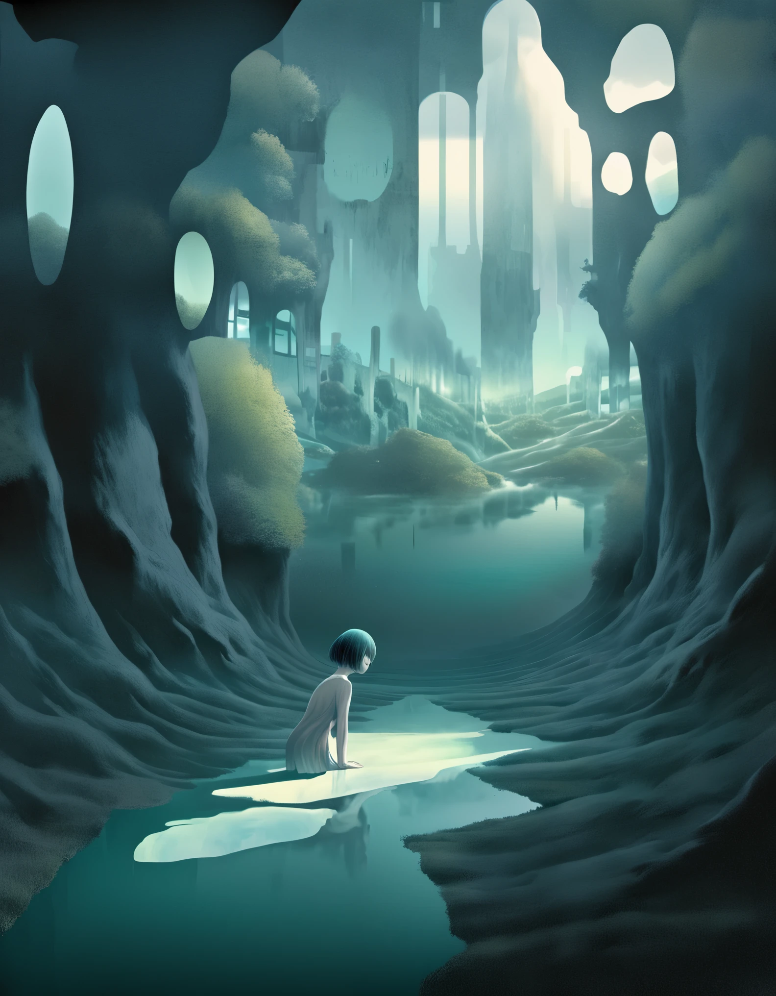 (artwork,highest quality,1. Female,20 years old,(short hair)),Surrealism,illustration,dream-like atmosphere,vibrant colors,imaginative scenery,metaphoric elements,ethereal beauty,exquisite details,emotional expression,mind-bending perspective,soft lighting,naturalistic shading,surreal textures