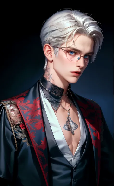 (masterpiece,best quality,ultra_detailed,highres,absurdres),1boy, male focus, tattoo, solo, white hair, chain, dark blue shirt, ...