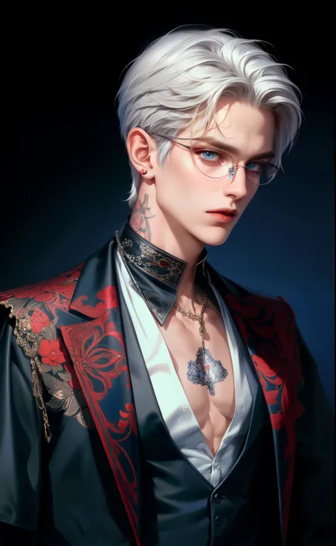 (masterpiece,best quality,ultra_detailed,highres,absurdres),1boy, male focus, tattoo, solo, white hair, chain, dark blue shirt, ...