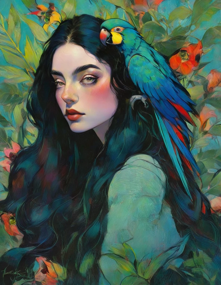 a beautiful brunette woman with long flowing dark hair, detailed eyes, nose and lips, flowers and leaves adorning her head, a vibrant parrot perched on her shoulder, highly realistic, photorealistic, master painting by malcolm liepke, cinematic lighting, vivid colors, dramatic lighting, intricate details, elegant pose, mystical atmosphere, epic fantasy, magical realism