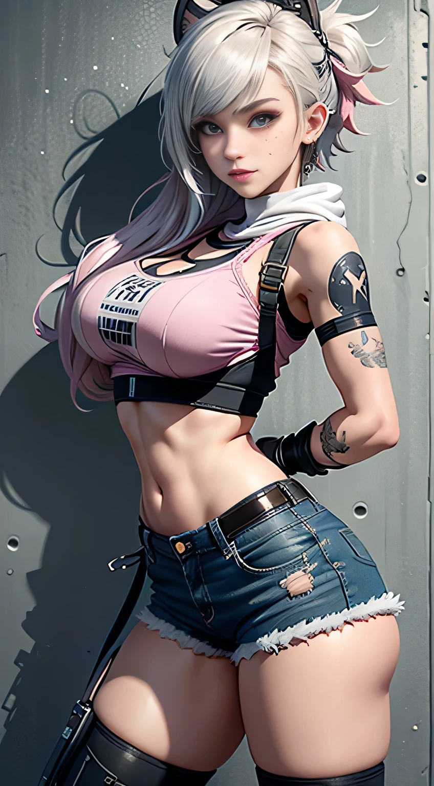 sfw, gwen tennyson,tracer,yorha 2b,y'shtola rhul,overwatch,nier automata,mecha pilot,shopping center,tattoos,orange and pink plugsuit,white short sleeve top,denim micro shorts,fishnet garter belt, uncovered belly,short hair,cute makeup,green eyes,multicolored silver hair,sexy smile,freckles,beautiful girl,large breasts,8k,ultra detailed, realistic,fantasy art,skater uniform,ear piercings,cyberpunk suit,saiyan girl, saiyan female,pink short sleeve sport hoodie,bear ear beanie,graffiti wall art,walking,small backpack, wearing bra,((skinny waist)), young asian girl, ((big breasted)),