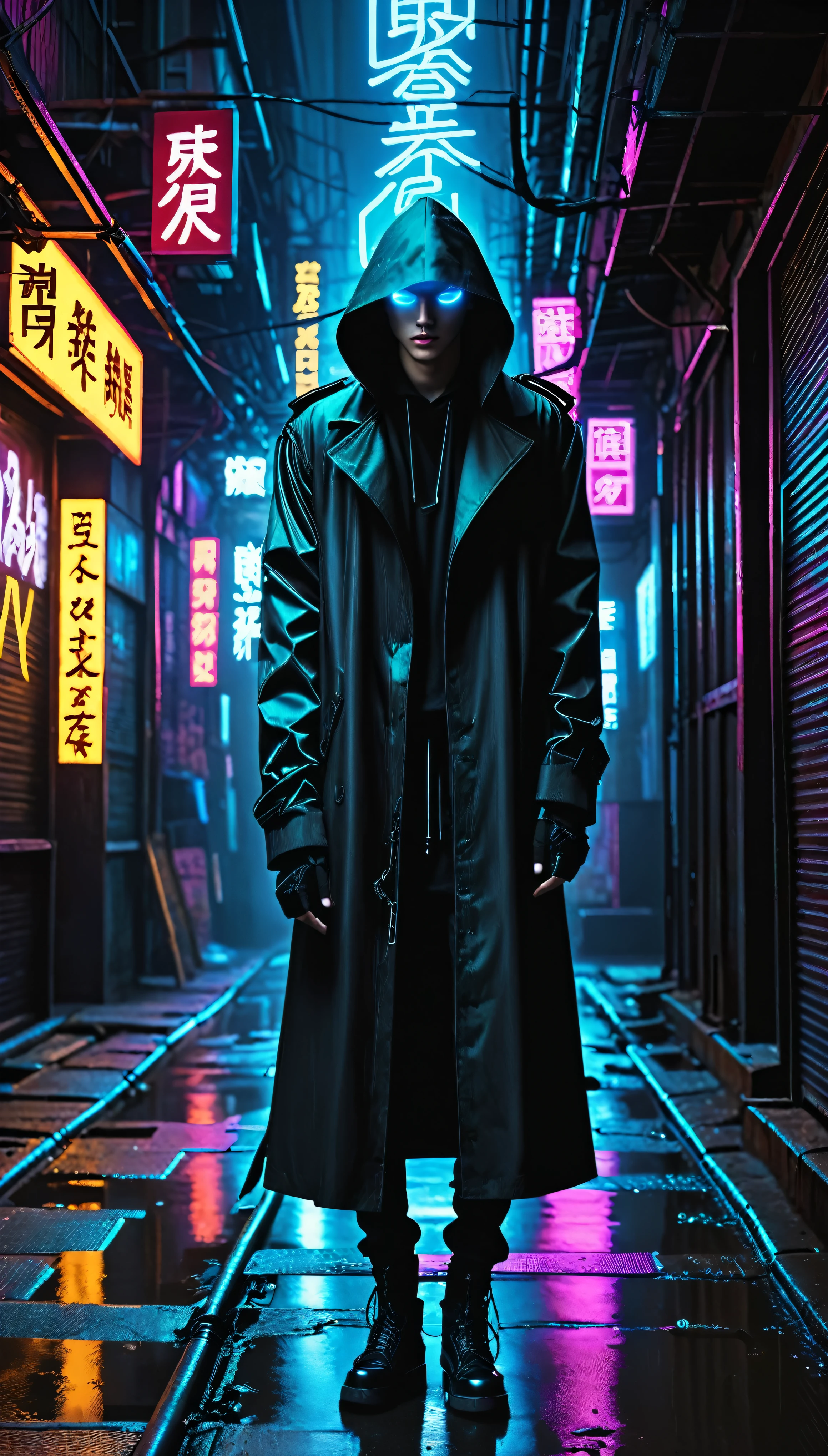 masterpiece、high quality、One boy、solo、Male Focus、Blue eyes glowing under black light、cyberpunk setting、Dark Alley、Neon signs flicker、Long and thin、Androgynous figure、Cybernetic enhancements are visible、leaning against a rusty metal railing、long black trench coat、A high-collared hood that conceals your identity、Eyes filled with a sense of mystery and danger、Cybernetic wings are attached、Flickering with energy、It&#39;s pulsating。Viewed from above、A cityscape of futuristic skyscrapers and holographic advertisements、It creates a vibrant and sinister atmosphere.。
